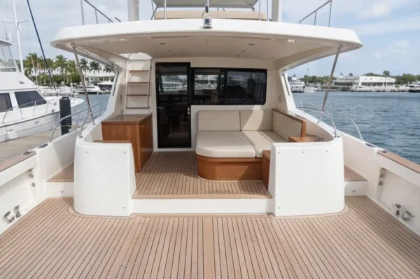 Außenpolster nach Maß – Luxuriöse Yacht mit Holzdecks und Sitzgelegenheiten, Stoff-beige Holz bezogen von JG Boots- und Yachtpolster