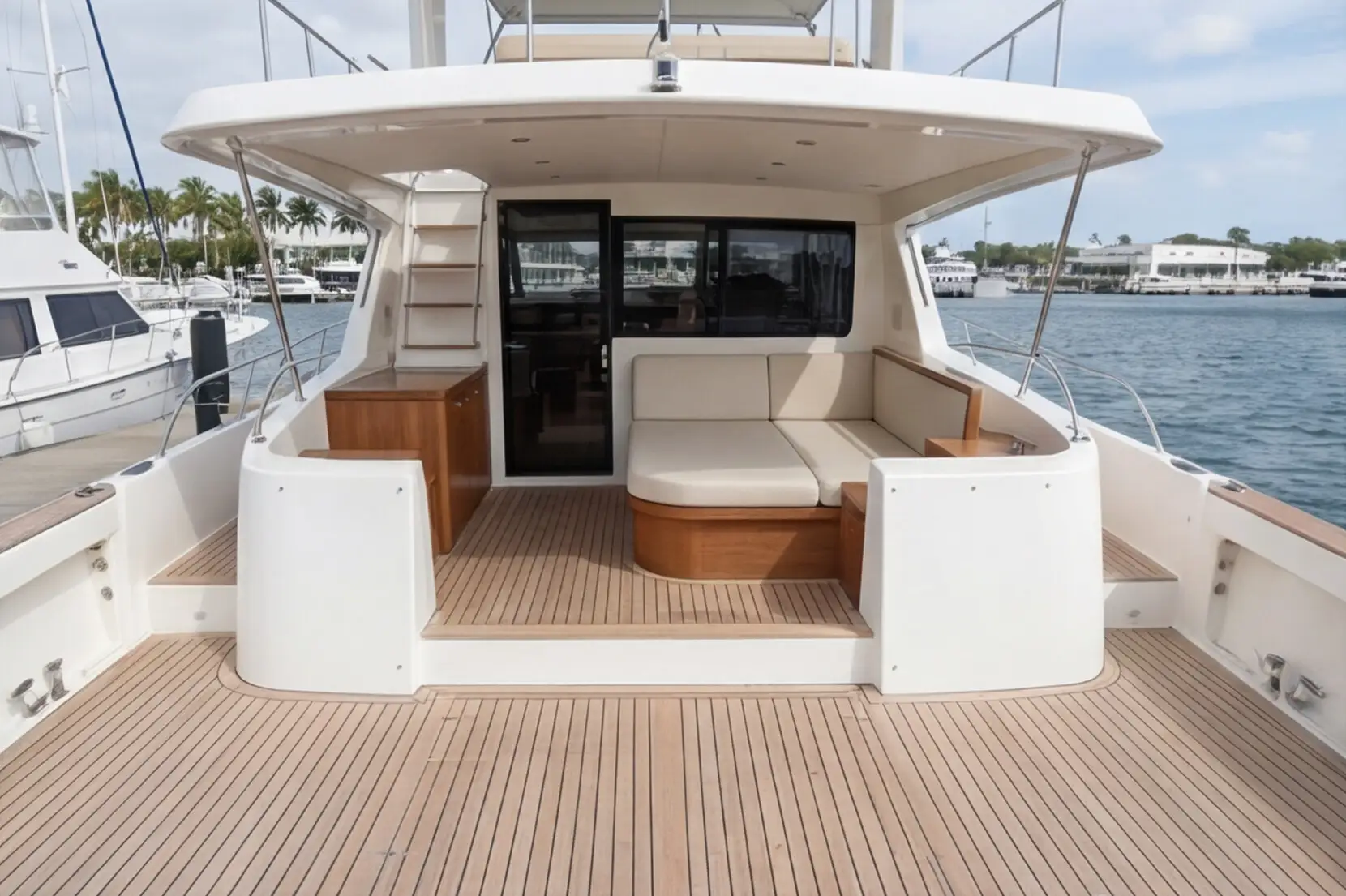 Außenpolster nach Maß – Luxuriöse Yacht mit Holzdecks und Sitzgelegenheiten, Stoff-beige Holz bezogen von JG Boots- und Yachtpolster