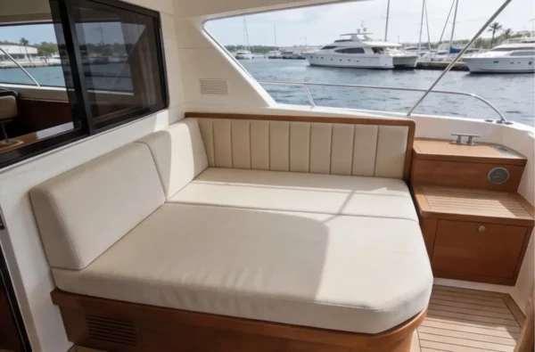 Außenpolster nach Maß. Bequeme Lounge auf einem Boot neu bezogen Stoff in beige von JG Boots- und Yachtpolster