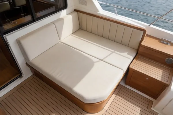 Sicht von oben auf die beige Polsterung der Lounge - neu bezogen von JG Boots- und Yachtpolster