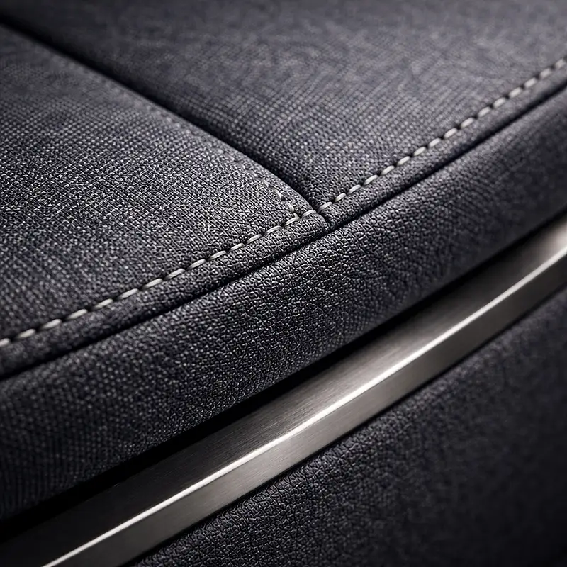 Über uns – Präzision in der Werkstatt – Beratung auf Augenhöhe Dunkler Stoff mit feiner Nahtdetails